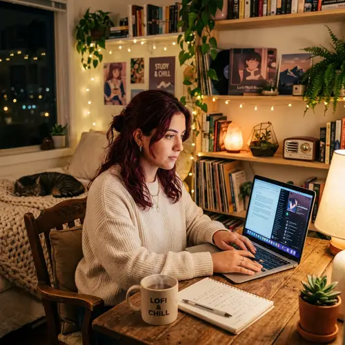 Cozy Lofi Vibes: Hispanic Woman Writing on Laptop