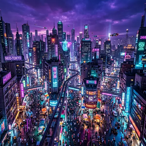 Futuristic Cyberpunk Cityscape: Neon-lit Metropolis in Purple Sky