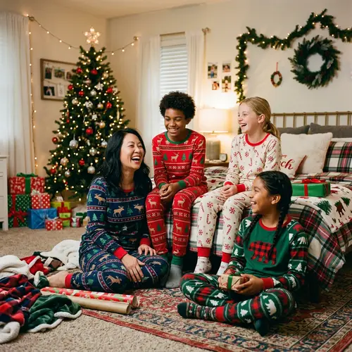 Diverse Family Christmas Celebration with Cozy Pajamas