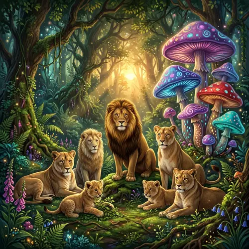 Magical Forest Lions: Diverse Pride Amid Colorful Mushrooms