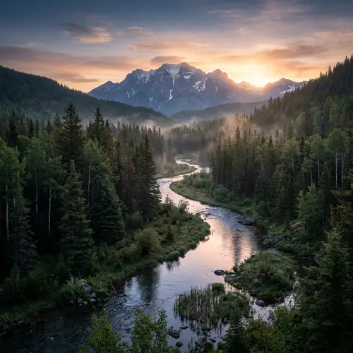 Tranquil Landscape with Forest, River, and Mountain