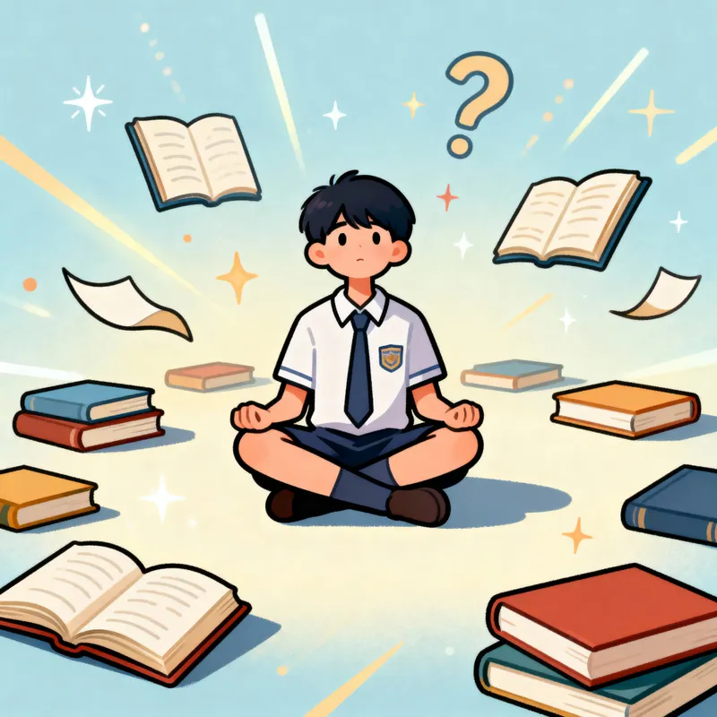 Knowledgeable Student Surrounded by Books - Cartoon