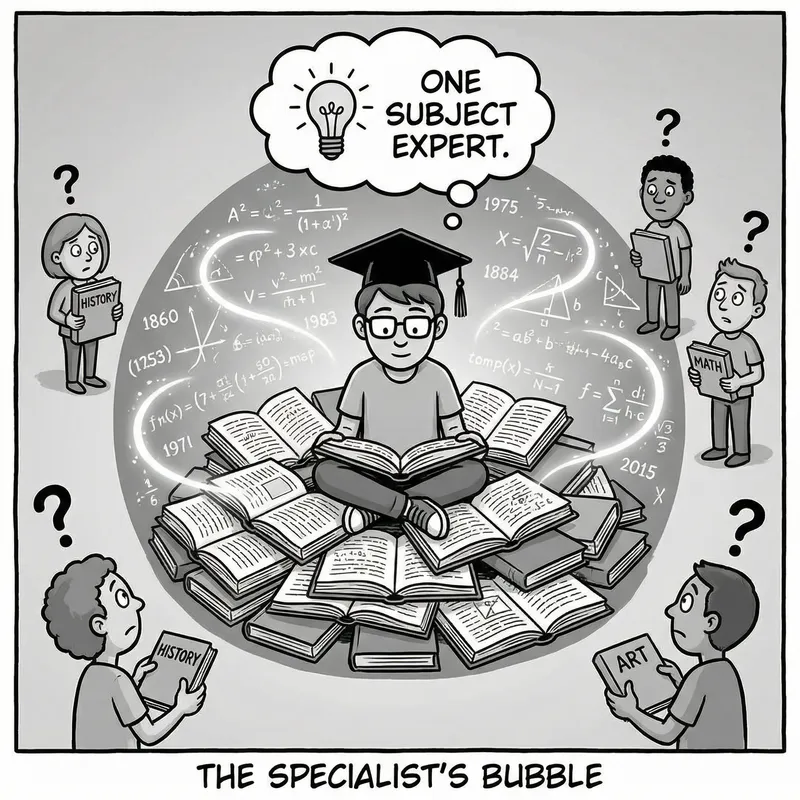 Knowledgeable Student Surrounded by Books - Cartoon