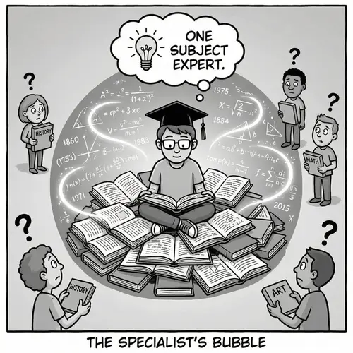 Knowledgeable Student Surrounded by Books - Cartoon