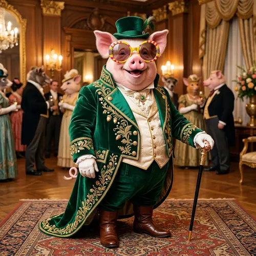 Whimsical Pig Character in Lavish Tailcoat and Sunglasses