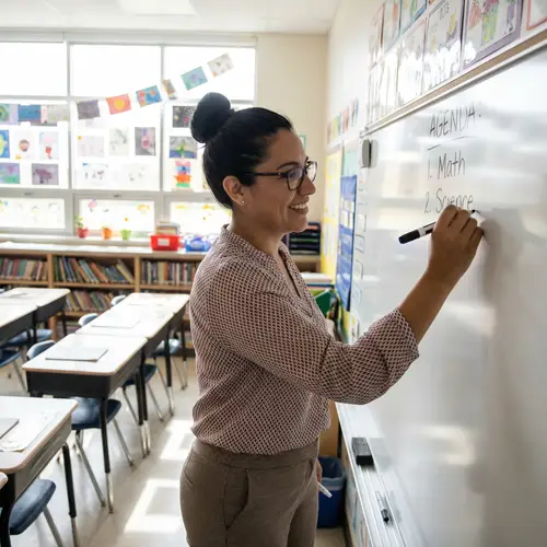 Professional Hispanic Female Elementary School Teacher in Classroom