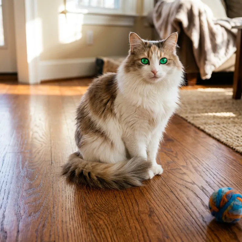 Majestic Fluffy Cat on Cherry Oak Floor