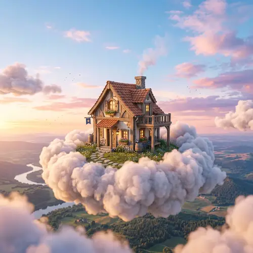 Quaint House on Fluffy Clouds | Imaginary Realm Fantasy Scene