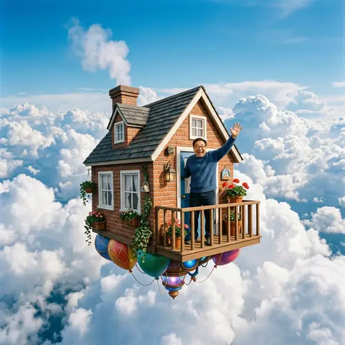 Asian Man Flying on Whimsical House in Clouds