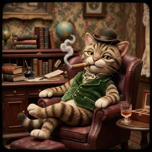 Sophisticated Feline Character with Cuban Cigar