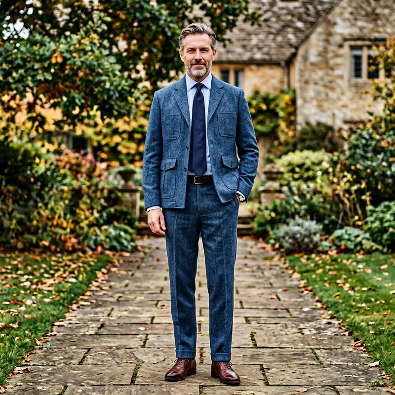 Men's Blue Herringbone Tweed Suit - Stylish & Modern