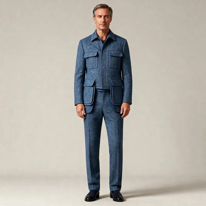 Men's Blue Herringbone Tweed Suit - Stylish & Modern