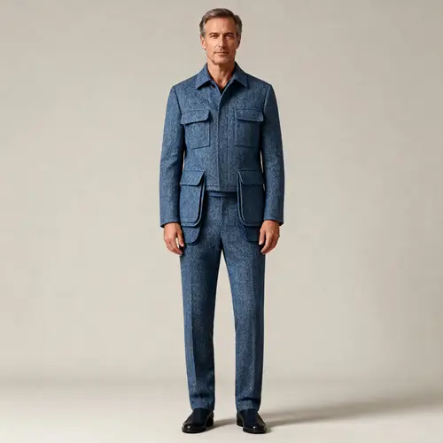 Men's Blue Herringbone Tweed Suit - Stylish & Modern