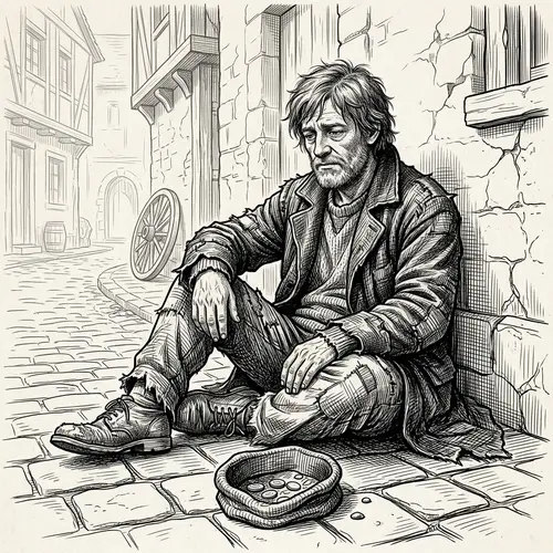3D Beggar Representation in Line Art - Poverty and Strength