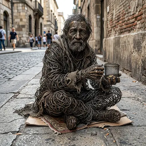 Intricate 3D One-Line Art of Sad Beggar Seeking Alms