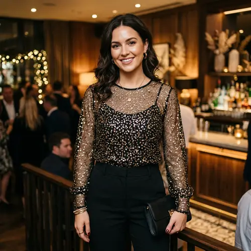 Black Netted Blouse with Gold Sequins