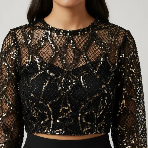 Black Netted Blouse with Gold Sequins