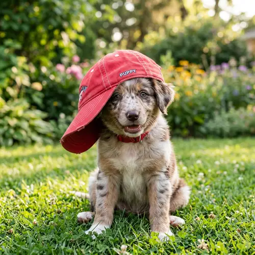 Adorable Brown & White Speckled Puppy with Playful Blue Eyes in Red Baseball Hat