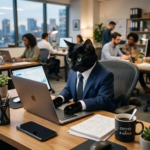 Professional Black Cat in Blue Suit at Office Desk