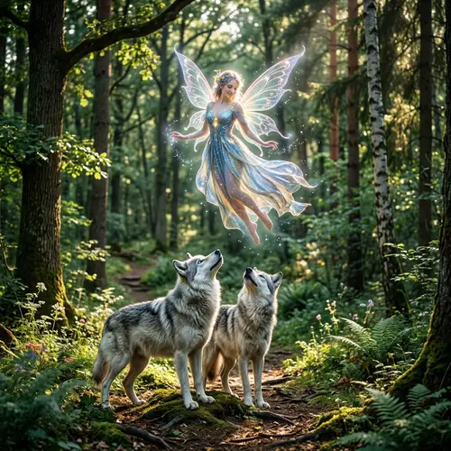 Enchanting Fairy and Majestic Wolves in Serene Forest