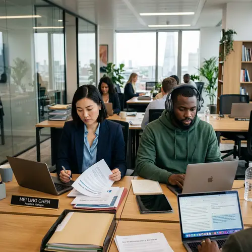 Professional East Asian Female Manager and African Male Translator in Office Scene