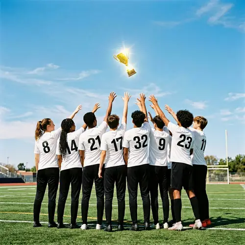 Diverse Teenagers Reach for Golden Trophy on Soccer Field