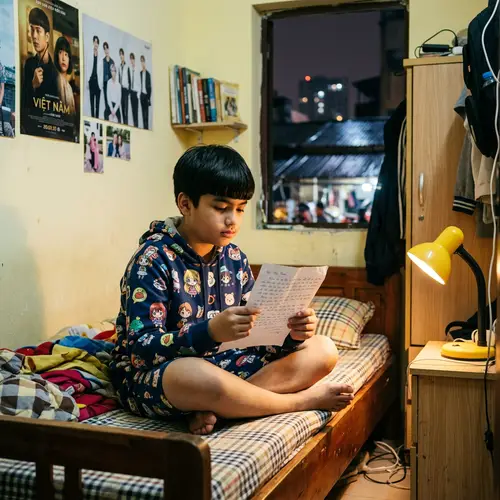 South Asian Boy Reading a Letter in Vietnam