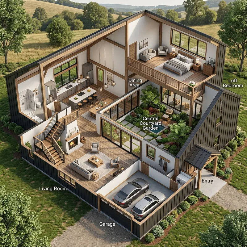 Stylish Barndominium Floor Plan with Lofted Bedroom