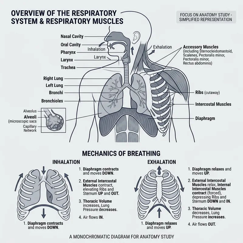 Monochromatic Respiratory System Diagram - Anatomy Study