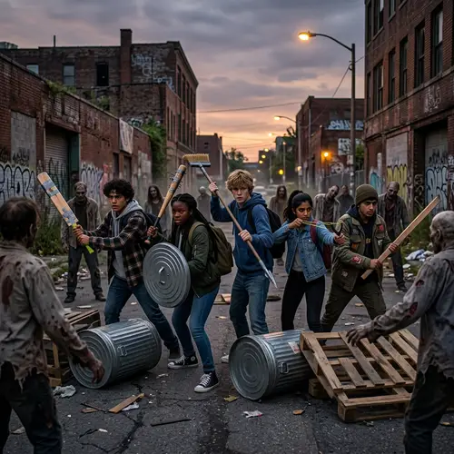 Diverse High School Students Battle Zombies in City Landscape