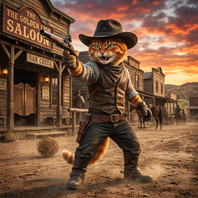 Cat with Gun in Wild-West Town Cat with Gun in Wild-West Town