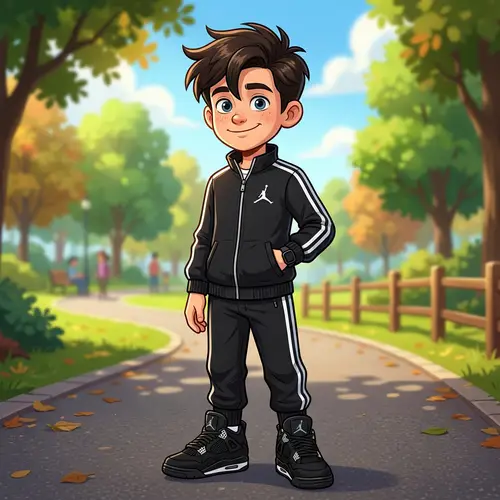 Cartoon-Style Boy in Black Track Suit with Jordan 4 Sneakers