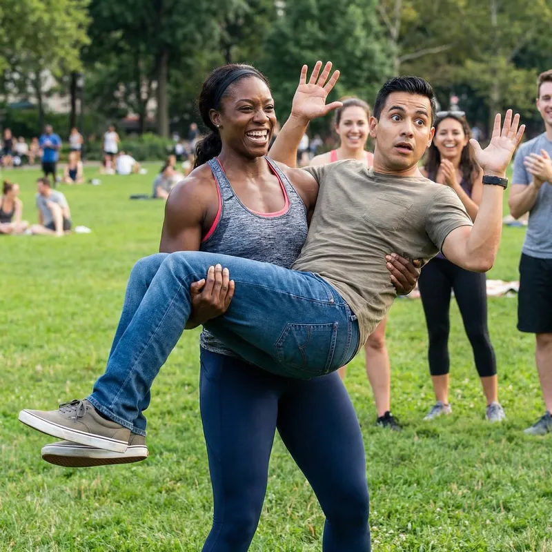 Woman Surprises by Lifting Larger Man - Strength Contest Image