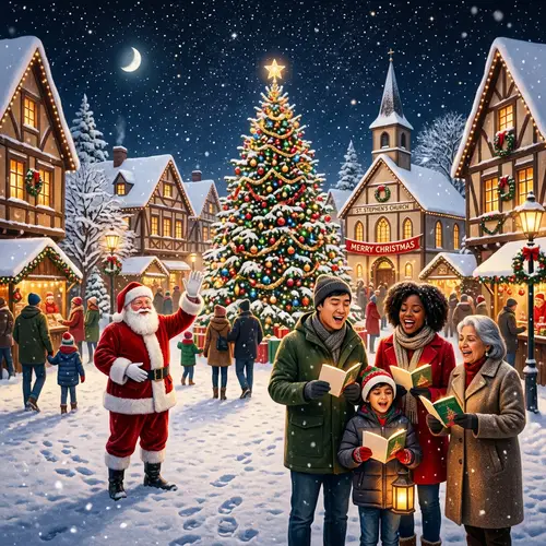 Snowy Christmas Town | Festive Lights, Holiday Cheer, Diverse Carol Singers