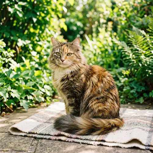 Multi-Colored Long-Haired Cat on Green Background