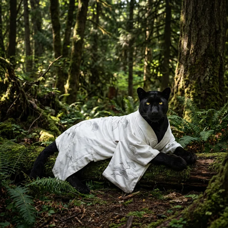 Majestic Black Puma in Serene Forest - Japanese Art Inspired