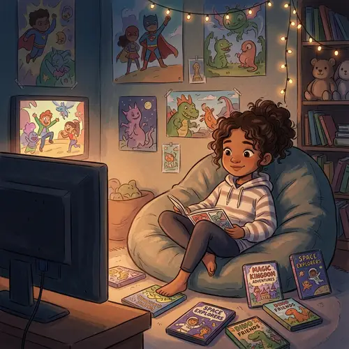 Mixed-Race Young Girl in Cozy Anime Room Illustration