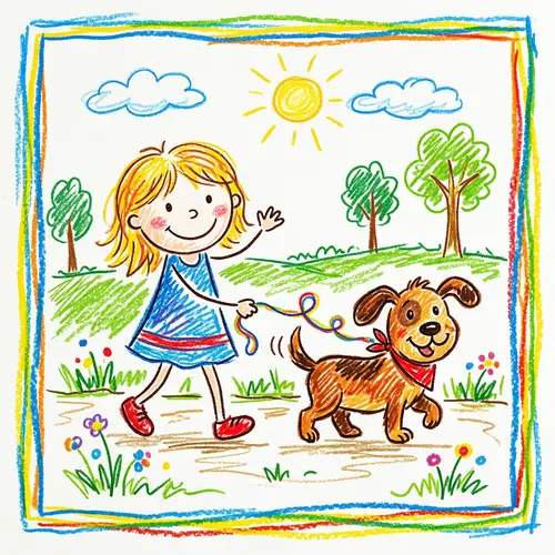 Childlike Drawing of a Girl with a Dog