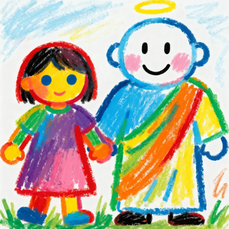 Childlike Drawing of a Girl with a Dog