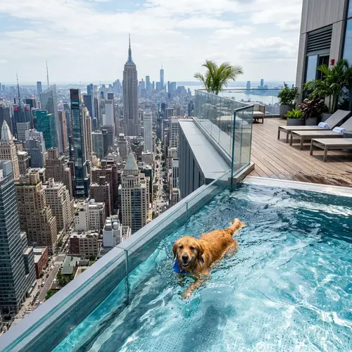 A Dog in Swimming Pool on Building Top