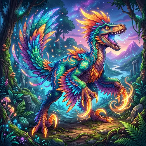 Large Dromaeosaurid Dinosaur with Vibrant Colors and Magical Elements