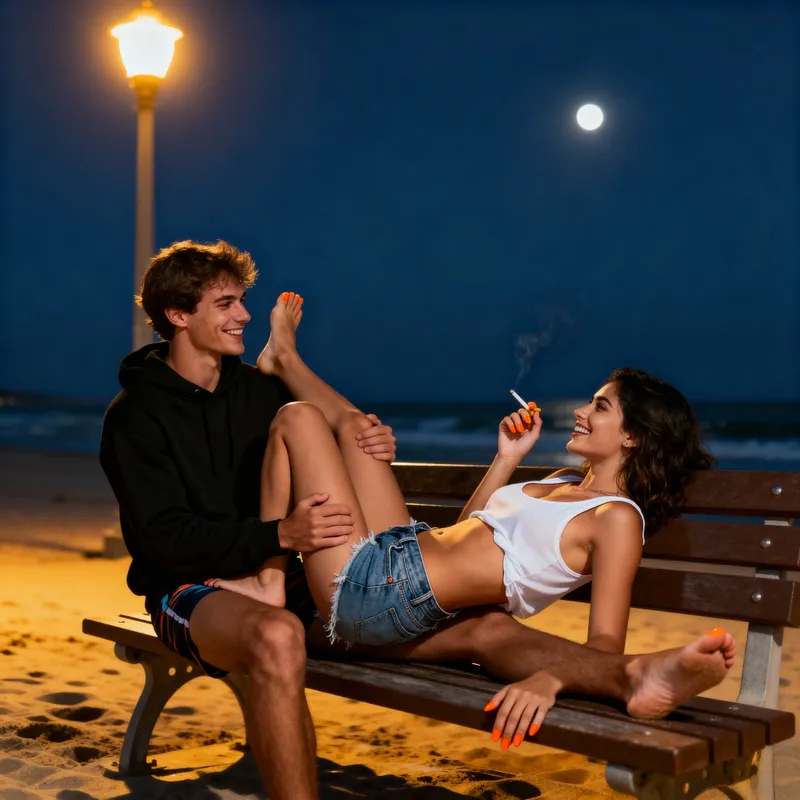 Romantic Beach Night: Couple on a Bench