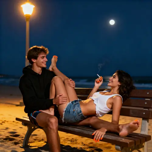 Romantic Beach Night: Couple on a Bench