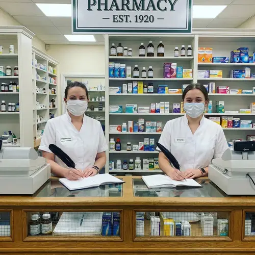 Vintage Quill-Pen Pharmacists at 'Heathrrow' and 'Snnorty' Cashiers