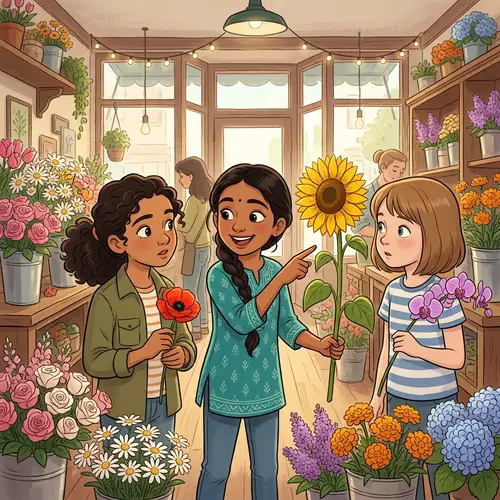 Animated South Asian Girl Pointing at Sunflower in Flower Shop