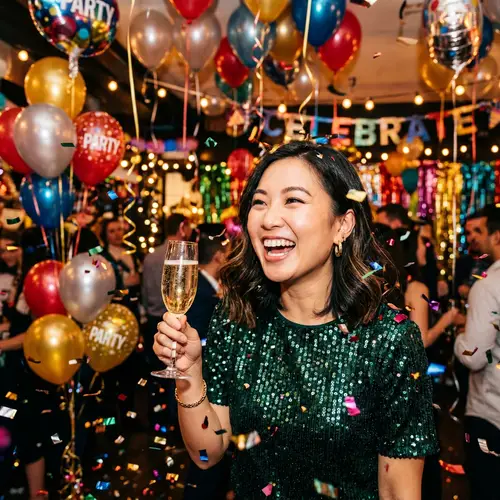 Asian Woman Celebrating with Sparkling Drink | Festive Party Joy