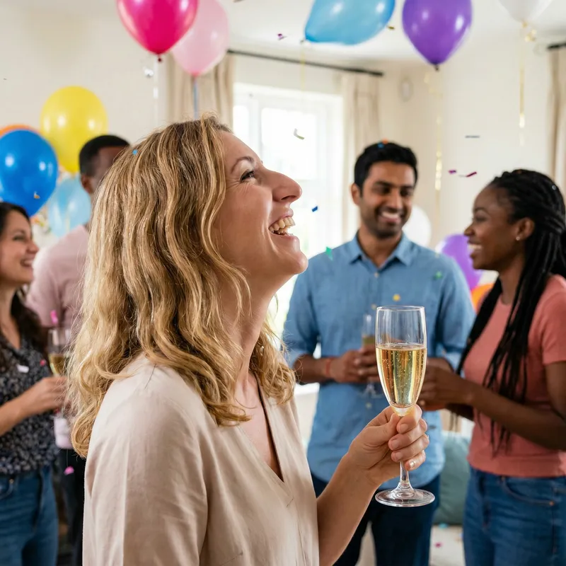 Blonde Woman Celebrating with Guests, Prominent Nose