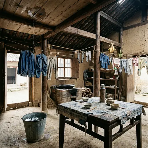 Traditional Rural House in China: Tablecloth, Steel Bucket, and Dirty Clothes