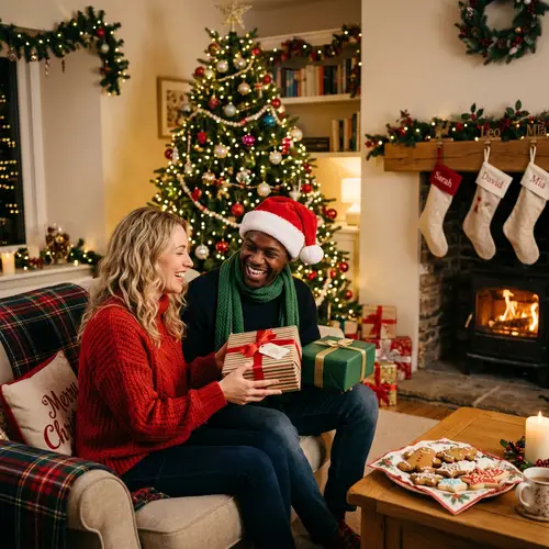 Festive Christmas Scene with Gift Exchange and Decorated Tree