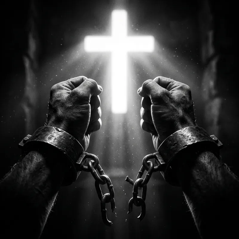 Glowing Christian Cross Amidst Chains - Surreal Liberation